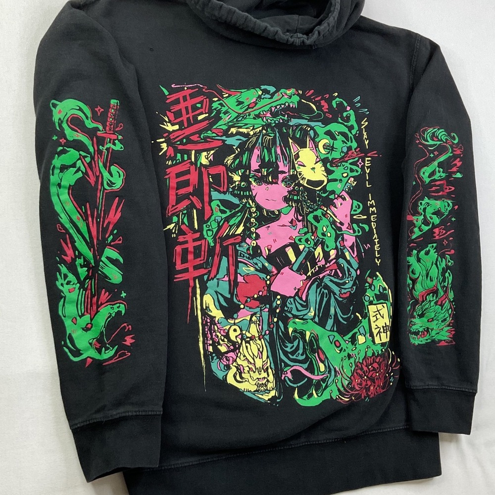 Anime Graphic Hoodie Slay Evil Immediately Sz S Aku Soku Zan Black Streetwear